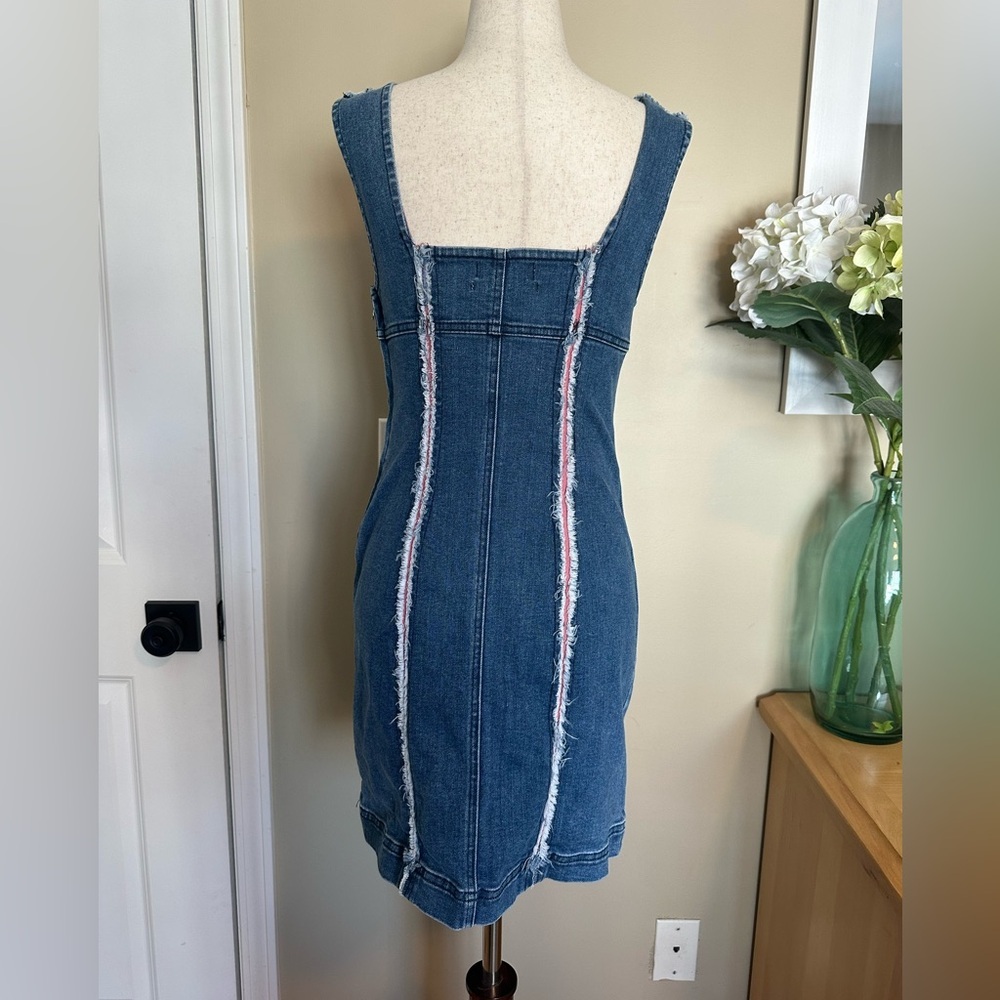 Urban Outfitters Medium Wash Denim Mini Dress with Pink and White Frayed Detail - Picture 4 of 9
